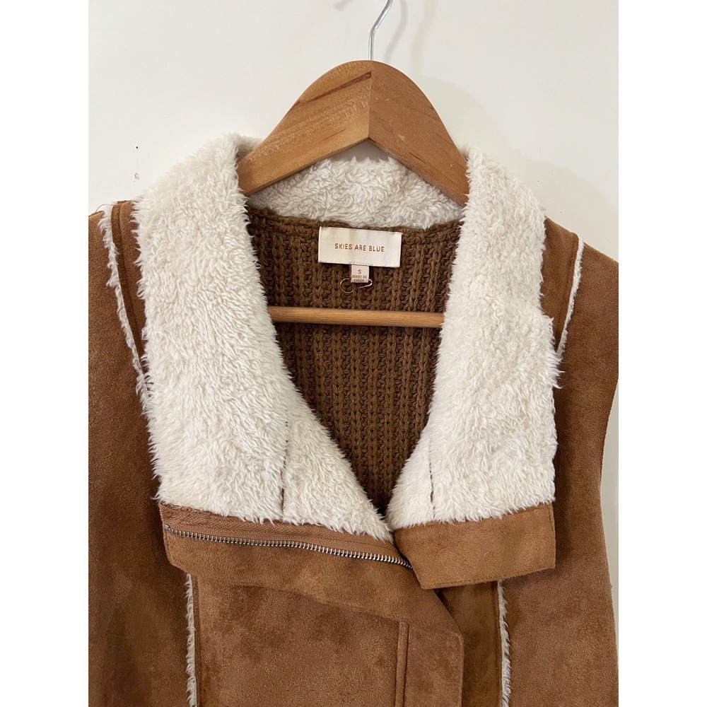 Skies Are Blue Faux Suede Sherpa Vest Brown Sleeveless Sweater Knit Back - Picture 4 of 5